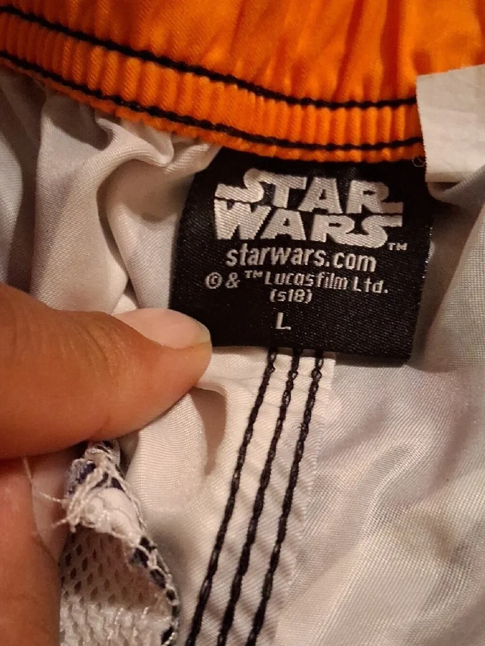 Star Wars Men’s Black and White Graphic Swim Board Shorts with Orange Drawstring